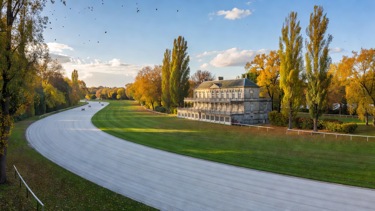Anneau cendré d'un hippodrome historique en automne, peupliers dorés