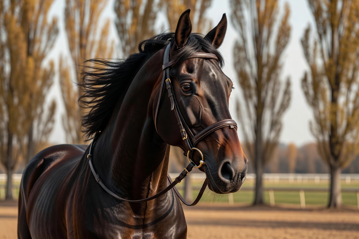 Portrait d'un trotteur bai brûlé, crinière noire au vent, bride de cuir