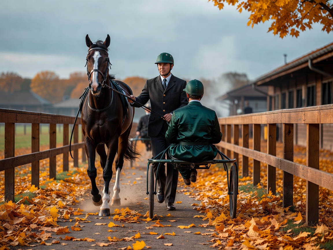 Trotteur mené au paddock en automne, feuilles dorées et sulky