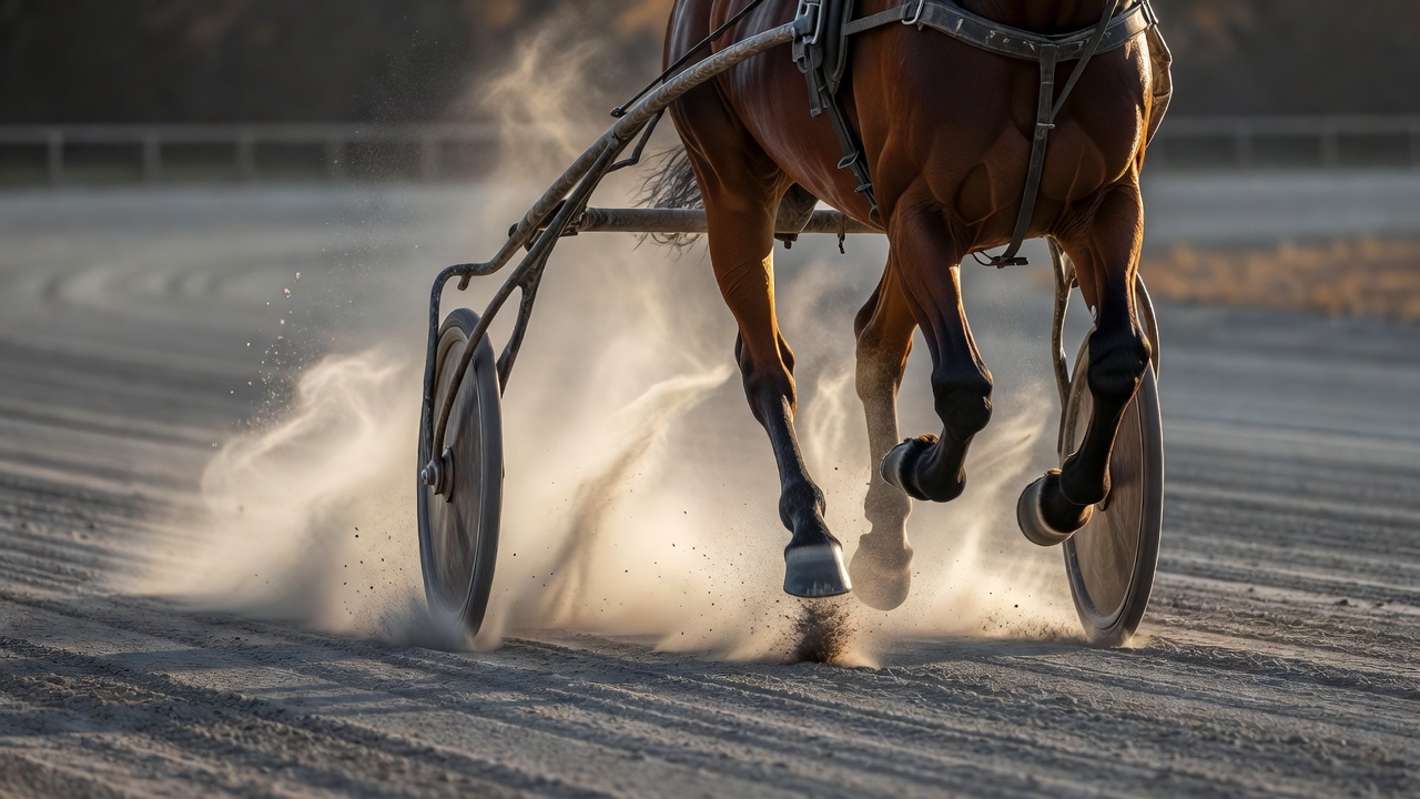 Jambes d'un trotteur et roues de sulky soulevant la poussière de la cendrée